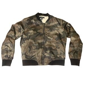 Forever 21 Kids Camo Bomber Jacket Sherpa Lined Green Brown Full Zip Medium